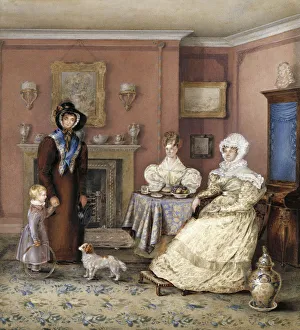 Group portrait of three women and a child in a domestic inte
