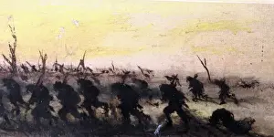 Garrison Prints: A group of soldiers running across a battlefield, WW1