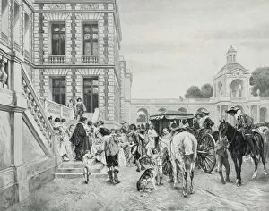 Group of travelers being welcomed in the forecourt of a larg