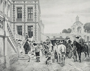Group of travelers being welcomed in the forecourt of a larg Group of travelers being welcomed in the forecourt of a larg
