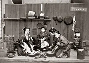Group of women preparing a meal, Japan, 1870s. Date: 1870s
