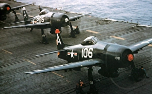 Forward Gallery: Grumman F8F-1 Bearcat trio (forward view) ready to laun