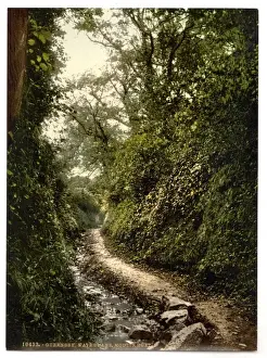 Huet Prints: Guernsey, water lane, Moulin Huet, Channel Islands, England