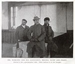 Marconi Collection: Guglielmo Marconi with his Assistants Kemp and Paget, behind is the experiments kite