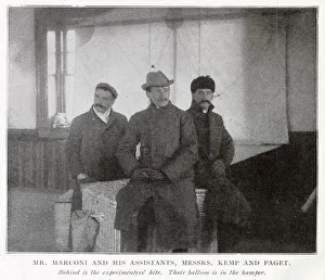 Guglielmo Marconi with his Assistants Kemp and Paget, behind is the experiments kite Guglielmo Marconi with his Assistants Kemp and Paget, behind is the experiments kite