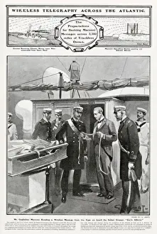 Marconi Prints: Guglielmo Marconi reading a wireless telegraph message on tape from a across the Atlantic