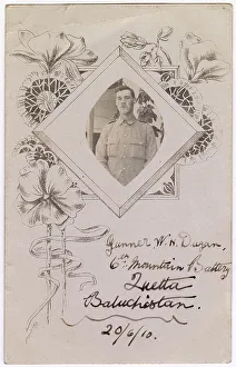 Gunner W H Dugan, 6th Mountain Battery, Quetta, Balochistan, British India (now Pakistan) - commemorative card dated 20 June 1910. Date: 1910