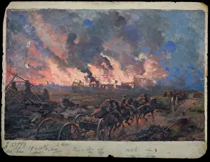 Glow Prints: Gunners passing burning buildings, by Ugo Matania, WW1