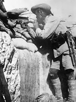 Aiming Prints: Gurkha firing Lewis gun in trenches, WW1