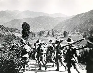 Gurkha troops marching to Dharmsala, Chitral relief, WW1