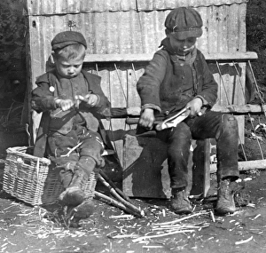 Gypsy boys making pegs, near Pontypool, South Wales