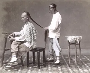 Orient Prints: Hair - Chinese man having his onytail plaited, c. 1880 s