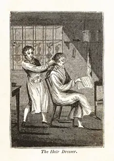 Workplace Prints: Hairdresser using a comb to brush a customer's hair in a barbe