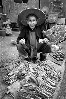 Stall Prints: Hakka Chinese woman - pavement vegetable stall - Hong Kong