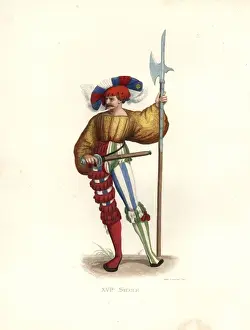 Doublet Prints: Halberdier, 16th century, in plumed hat, gold