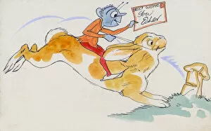 Hand-drawn Greetings Card - Goblin riding a hare