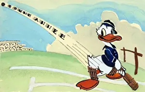 Batsman Prints: Hand-drawn and painted postcard featuring a cricketing Duck