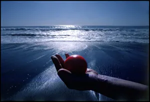 Shone Prints: Hand holding red ball Moonstone Beach, California, USA