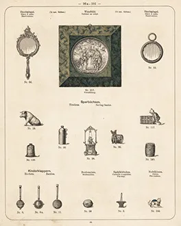 Hand mirror, rattle, pintray, pin cushion, saving bank, etc Hand mirror, rattle, pintray, pin cushion, saving bank, etc