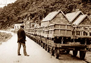 Llanberis Prints: Hand tinted photo of slate train at Llanberis, Wales