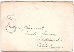 Handwritten envelope containing Queen Mary Christmas card