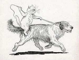 Cabby Prints: The Hansom Cabby, Louis Wain Cat riding a Dog