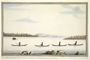 Harbour landscape with an encounter between Aborigines and B