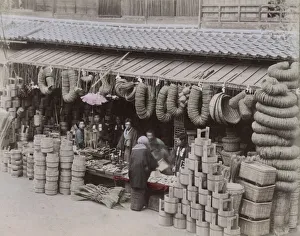 Buckets Prints: Hardware store selling buckets and baskets, Japan