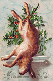 Berries Prints: Hare with holly and mistletoe on a Christmas card