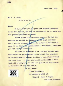 Harland Prints: Harland & Wolff letter to Mrs A W Frost