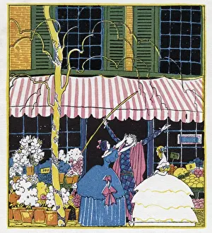 Columbine Prints: Harlequin and Columbine outside a shop