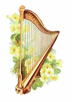 Harp Collection: Harp with yellow flowers on a cutout greetings card