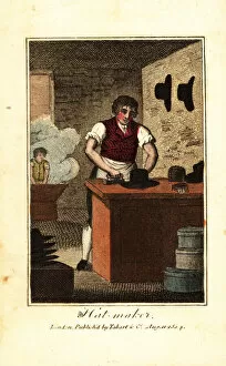 Skilled Collection: Hat maker ironing the brim of a hat made from beaver fur