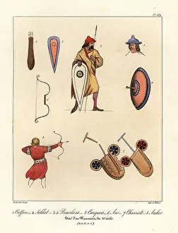 Hat, soldier, shield, targe, quiver, bow, chariots, and archer