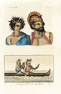 Hawaiian chief and wife, and masked warriors in a canoe