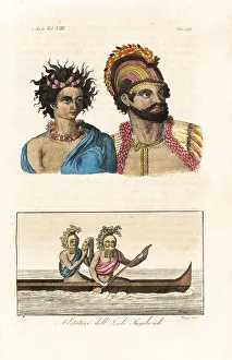 Hawaiian chief and wife, and masked warriors in a canoe Hawaiian chief and wife, and masked warriors in a canoe