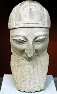 Head from a colossal statue of a bearded worshipper with hel Head from a colossal statue of a bearded worshipper with hel