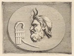 Etienne Picart Prints: Head of the Greek god of the wild, Pan, with the syrinx or pan f