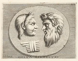 Satyr Prints: Heads of a Faun and Satyr, Greek woodland gods, with syrinx or p