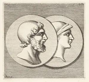 Etienne Picart Prints: Heads of two soldiers in ancient helmets