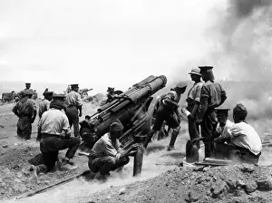 Gallipoli Prints: Heavy artillery in action on cliff, Helles, Gallipoli, WW1