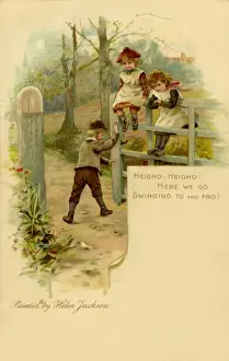 Heigho! -- children swinging on a gate