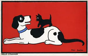 Greet Prints: Hello Stranger - A large dog greets a little black kitten who is walking along his back