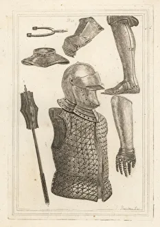 Spur Gallery: Helmet, gauntlet, gorget, mace, and prick spur