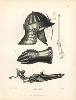 Flintlock Prints: Helmet, glove and flintlock pistol from the 17th century
