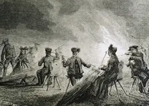 Hemp harvest. Banks of the Rhine. Peasants working the hemp