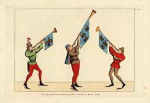 Three heralds with trumpets adorned with fleur-de-lis