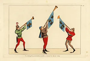 Three heralds with trumpets adorned with fleur-de-lis Three heralds with trumpets adorned with fleur-de-lis