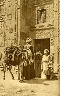 Herb seller in street, chatting to a customer, Egypt