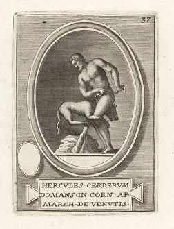 Ridolfino Venuti Prints: Hercules subduing the three-headed hellhound Cerberus
